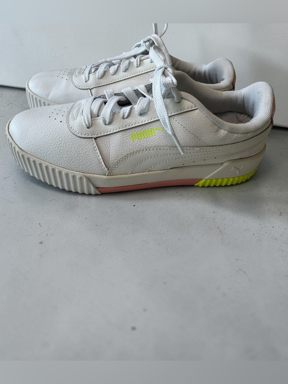 Puma White Low-Top Sneakers with Neon Yellow and Coral Accents